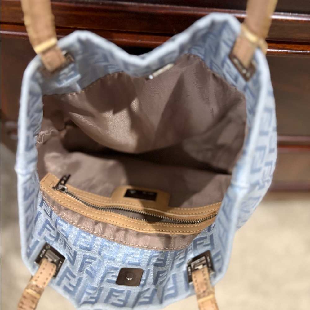 Fendi Light Blue FF Monogram Tote with Tan Leather Straps. - Picture 3 of 16